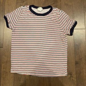 navy blue and red striped shirt